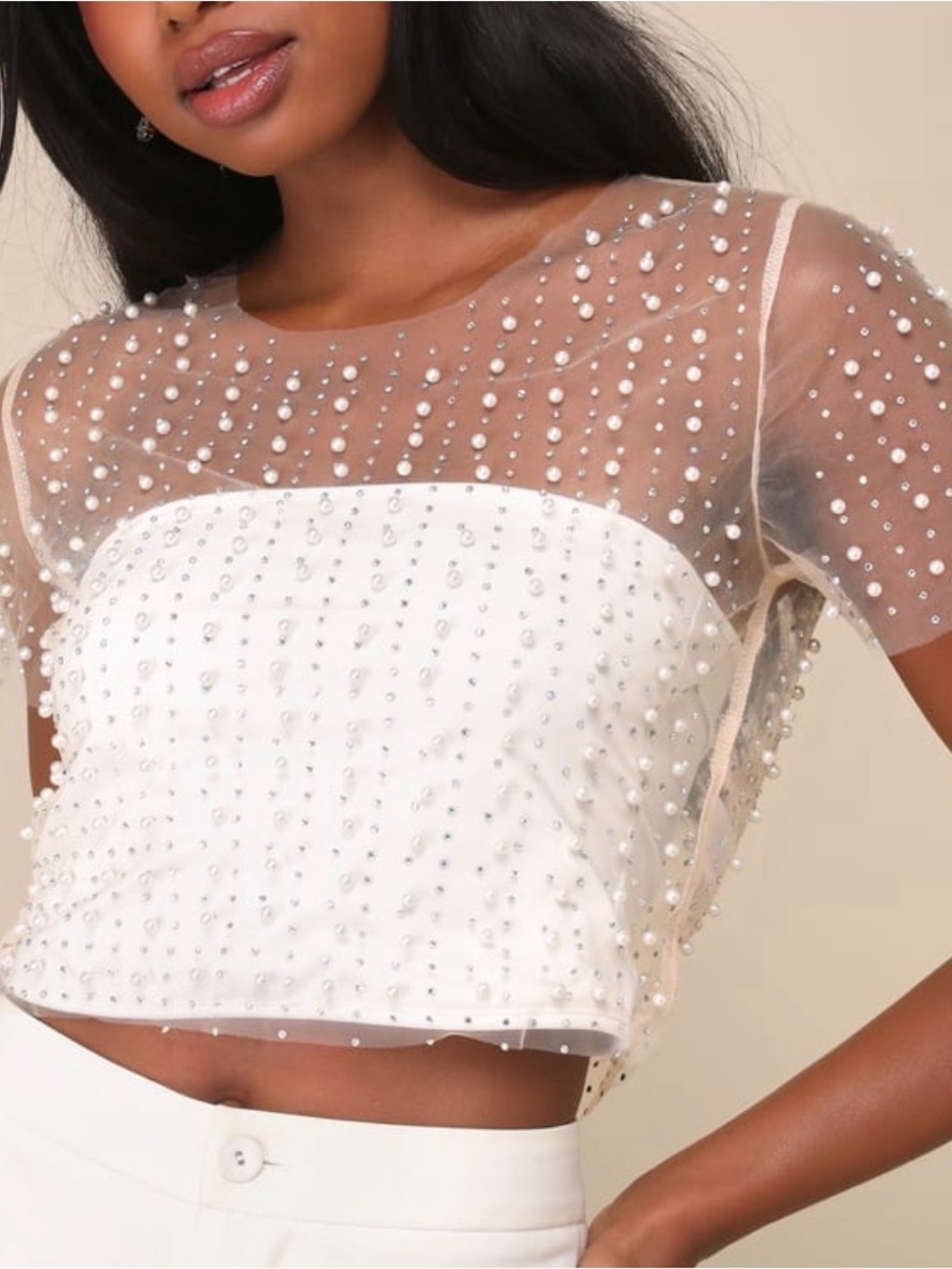 Buckle White Sheer Pearl-Embellished Crop Top